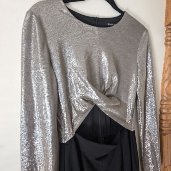 Black Halo Angie Jumpsuit Metallic Silver Black Flared Cutout Size 4 - Picture 6 of 16